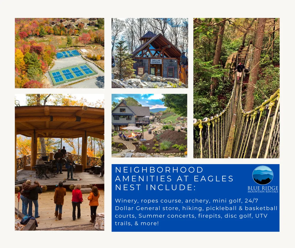An expansive exterior scene showcasing a vibrant array of resort amenities, including a ropes course, archery range, mini-golf, a summer concert stage, fire pit areas, and surrounding hiking trails. Groups of people are seen enjoying various activities, indicating a lively, communal atmosphere.